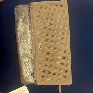Beige gray handheld clutch bag